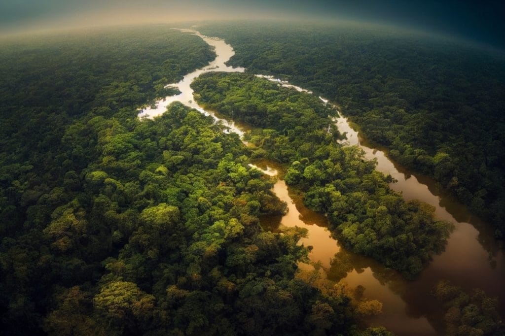 An aerial shot of the amazon rainforest