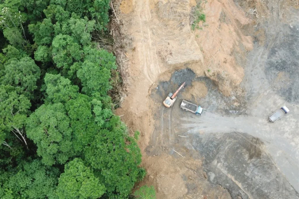 An aerial shot of deforestation of a rainforest