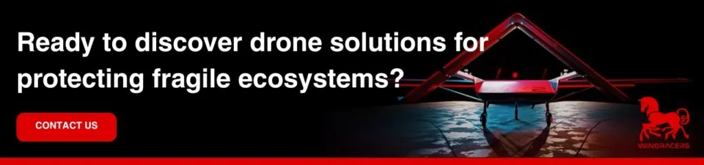 Promotional banner showing a Windracers cargo drone on a dark runway with red lighting, overlaid with the text “Ready to discover drone solutions for protecting fragile ecosystems?” and a red contact button.