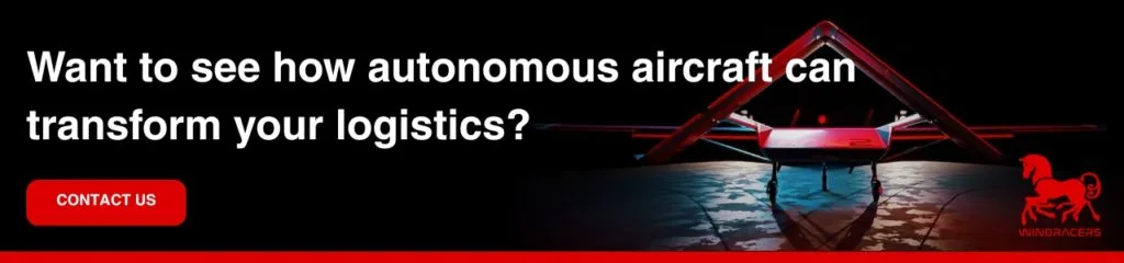 Advertising banner showing a Windracers cargo drone framed by dramatic red lighting, with headline text reading “Want to see how autonomous aircraft can transform your logistics?” alongside a red contact button.