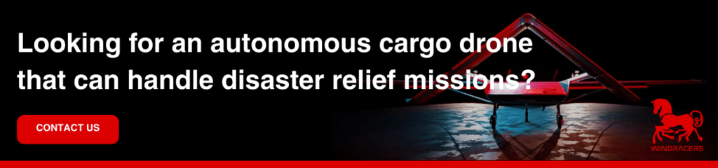 Autonomous Drones for Disaster Logistics and Humanitarian Aid: Promotional banner showing a cargo drone in a dark environment with text about disaster relief missions and a contact button.