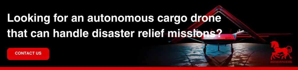 Autonomous Drones for Disaster Logistics and Humanitarian Aid: Promotional banner showing a cargo drone in a dark environment with text about disaster relief missions and a contact button.