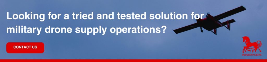 Looking for a tried and tested solution for military drone supply operations: Fixed-wing drone in flight against blue sky with defence-focused banner text.