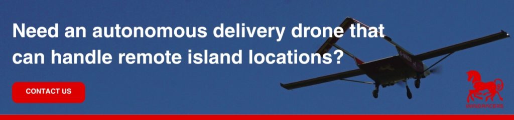Need an autonomous delivery drone that can handle remote island locations: Autonomous cargo drone flying over coastline with promotional call-to-action banner.