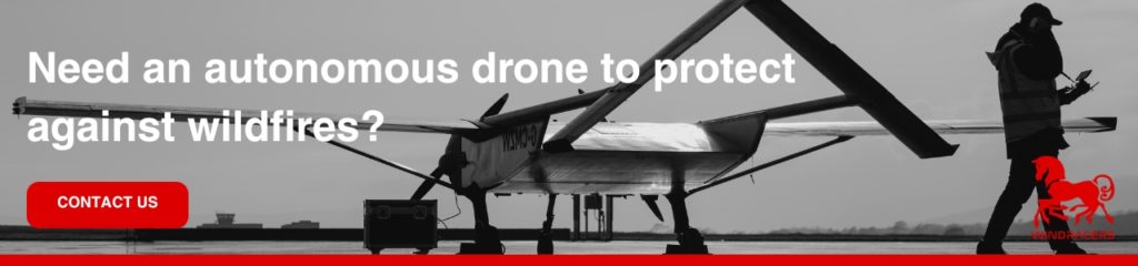 Need an autonomous drone to protect against wildfires: Fixed-wing drone on runway with operator silhouette and contact call-to-action banner.